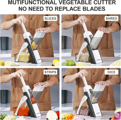 5 in 1 Safe Vegetable Mandoline Slicer for Kitchen, Adjustable Thickness | Safe Mandoline Slicer for Kitchen, Easy to Clean/Storage, Potato Slicing, Strips, Shredding, Dicing, Chop, Cleaning brush