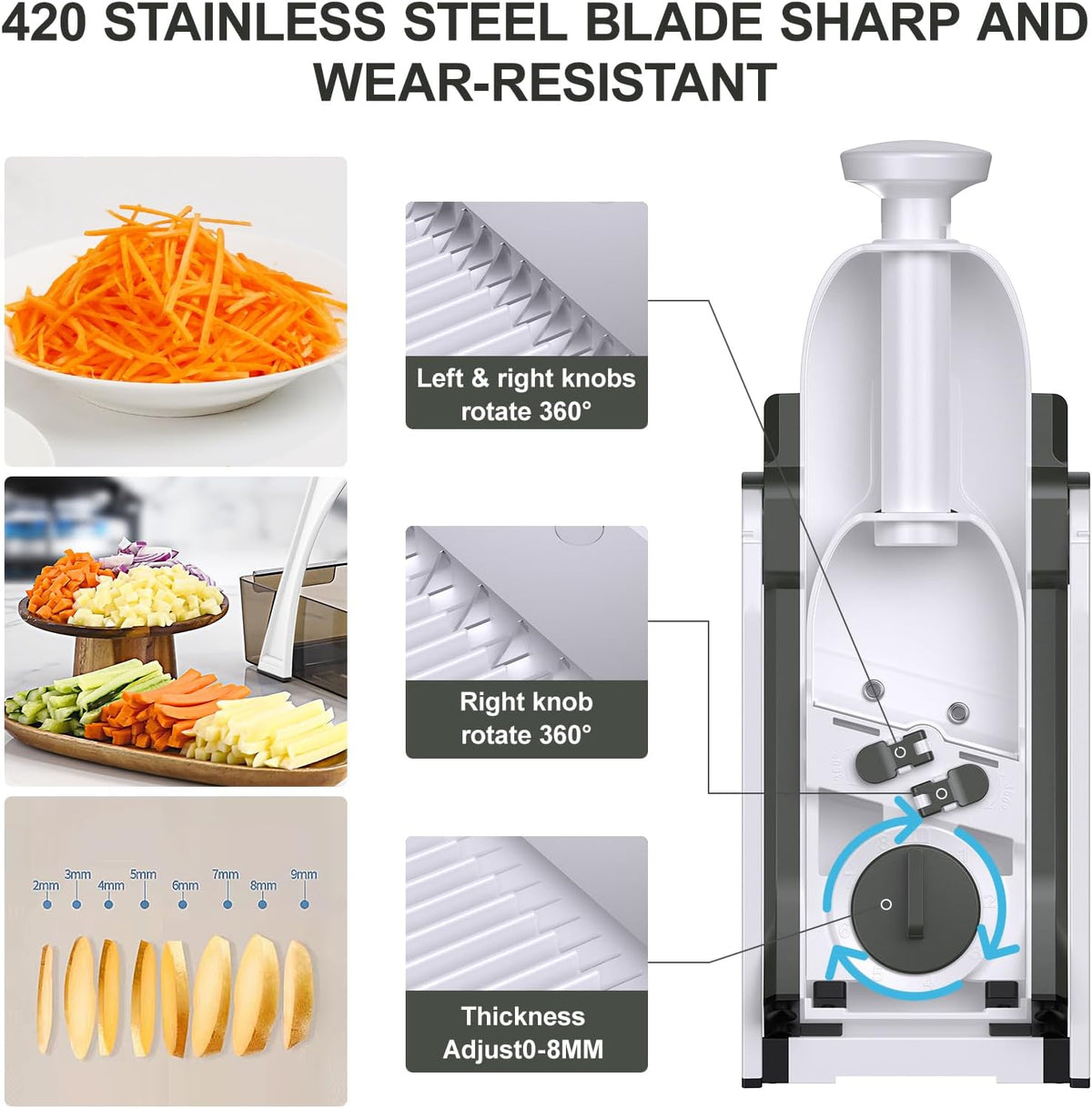 5 in 1 Safe Vegetable Mandoline Slicer for Kitchen, Adjustable Thickness | Safe Mandoline Slicer for Kitchen, Easy to Clean/Storage, Potato Slicing, Strips, Shredding, Dicing, Chop, Cleaning brush