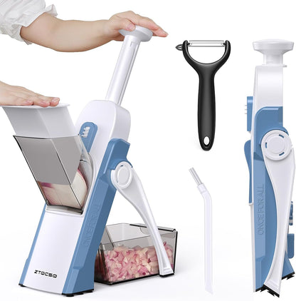 5 in 1 Safe Vegetable Mandoline Slicer for Kitchen, Adjustable Thickness | Safe Mandoline Slicer for Kitchen, Easy to Clean/Storage, Potato Slicing, Strips, Shredding, Dicing, Chop, Cleaning brush