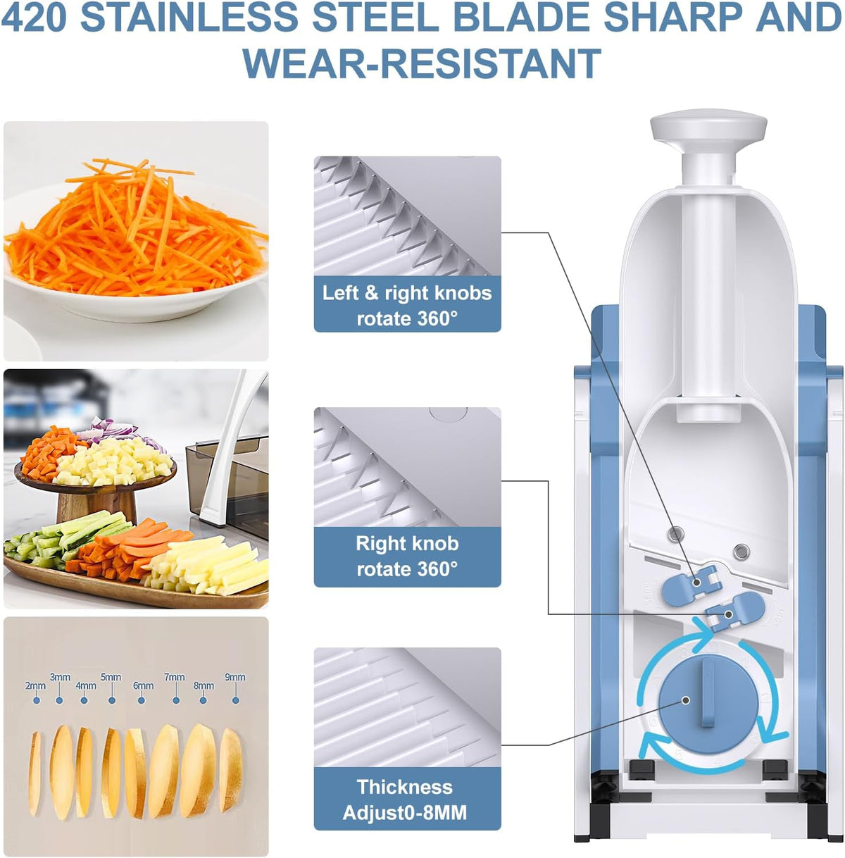 5 in 1 Safe Vegetable Mandoline Slicer for Kitchen, Adjustable Thickness | Safe Mandoline Slicer for Kitchen, Easy to Clean/Storage, Potato Slicing, Strips, Shredding, Dicing, Chop, Cleaning brush