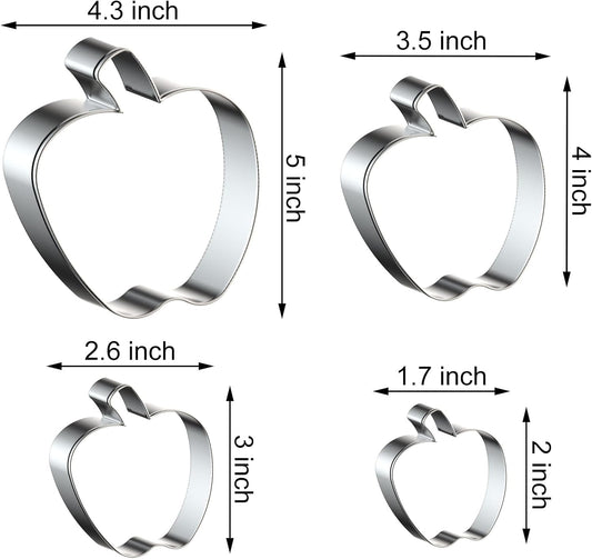 Apple Cookie Cutter Set Large Small Mini - 5 inch, 4 inch, 3 inch, 2 inch - 4 Piece Fruit Cookie Cutters Shapes Fondant Biscuit Clay Mold- Stainless Steel
