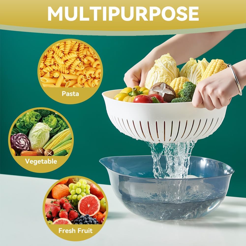 Colander Bowl Set of 2, Nesting Large Capacity Plastic Food Strainer for Pasta, Vegetables and Fruits Washing Draining Basket, Space Saving, BPA Free