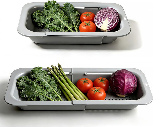 Extendable Colander Strainer Basket, Over the Sink Colander and Strainer for Kitchen, Wash Vegetables and Fruits, Drain Pasta and Dry Dishes, Adjustable Colander from 13.5In to 18.7In, Gray