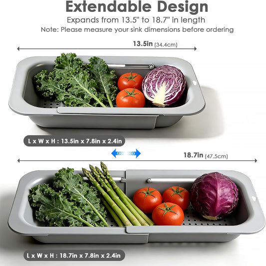 Extendable Colander Strainer Basket, Over the Sink Colander and Strainer for Kitchen, Wash Vegetables and Fruits, Drain Pasta and Dry Dishes, Adjustable Colander from 13.5In to 18.7In, Gray