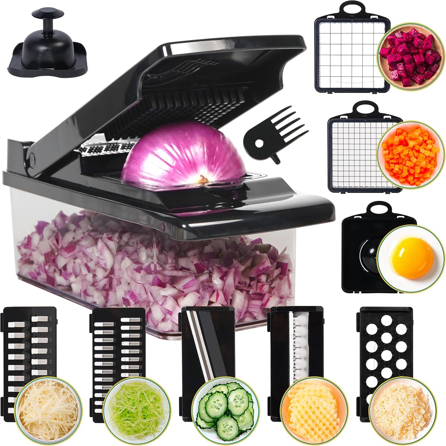Multifunctional Vegetable Chopper with Container, Vegetable Cutter with Interchangeable Blades, Onion Slicer, Garlic Grinder, Dicer for Potato, Carrot Chopper
