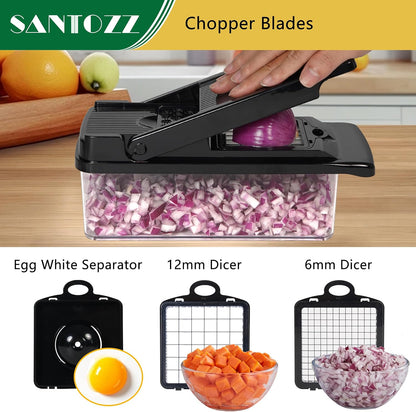 Multifunctional Vegetable Chopper with Container, Vegetable Cutter with Interchangeable Blades, Onion Slicer, Garlic Grinder, Dicer for Potato, Carrot Chopper