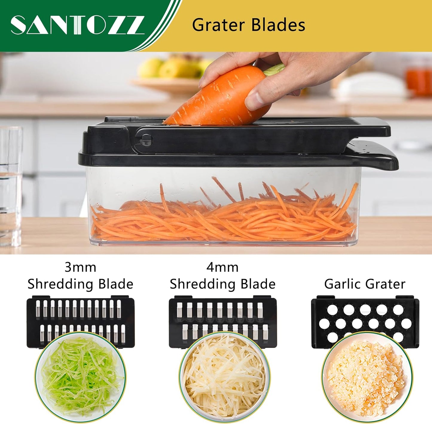 Multifunctional Vegetable Chopper with Container, Vegetable Cutter with Interchangeable Blades, Onion Slicer, Garlic Grinder, Dicer for Potato, Carrot Chopper