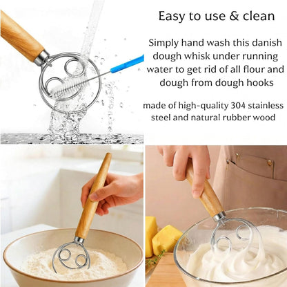 Danish Dough Whisk, 13-inch wood handle Stainless Steel Dough Hook Dutch Whisk for Bread Sourdough Mixer Hand Wooden Handle Kitchen Whisking Mixing Tool