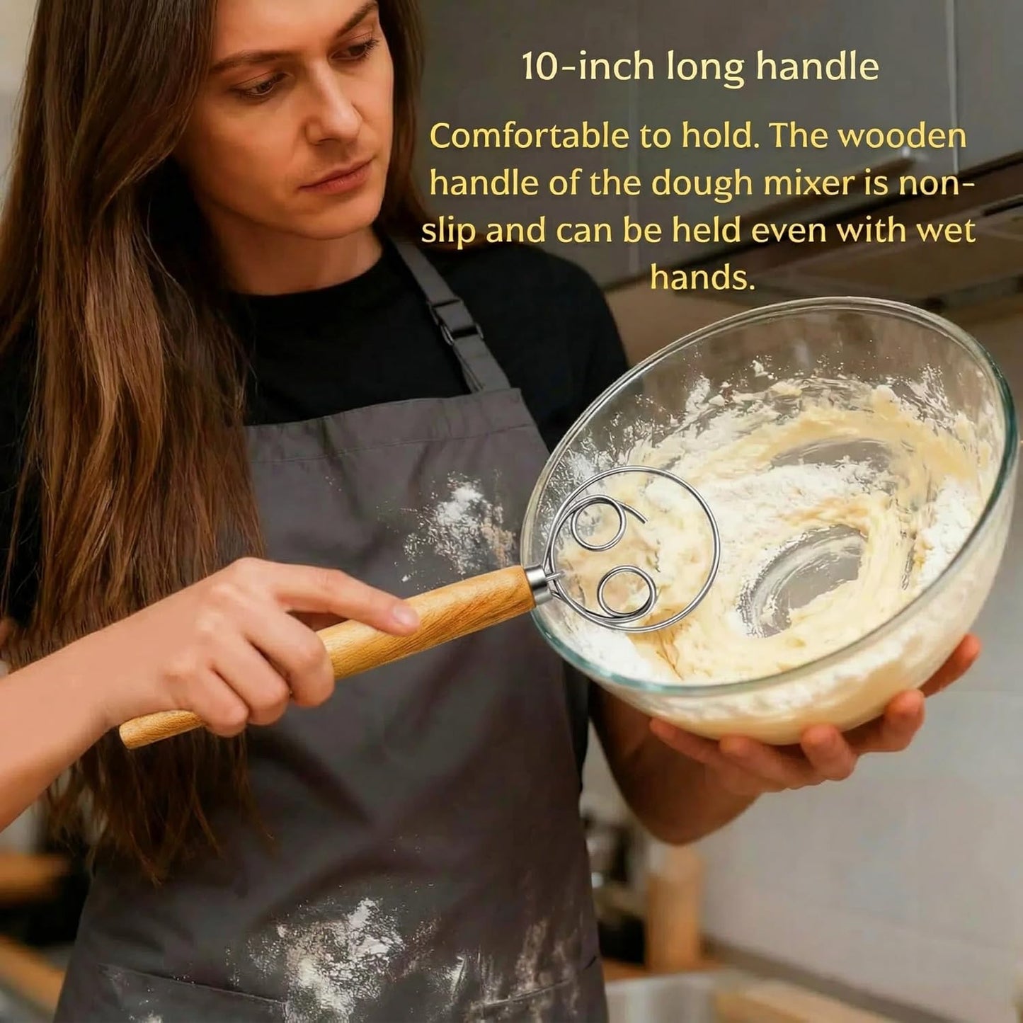 Danish Dough Whisk, 13-inch wood handle Stainless Steel Dough Hook Dutch Whisk for Bread Sourdough Mixer Hand Wooden Handle Kitchen Whisking Mixing Tool
