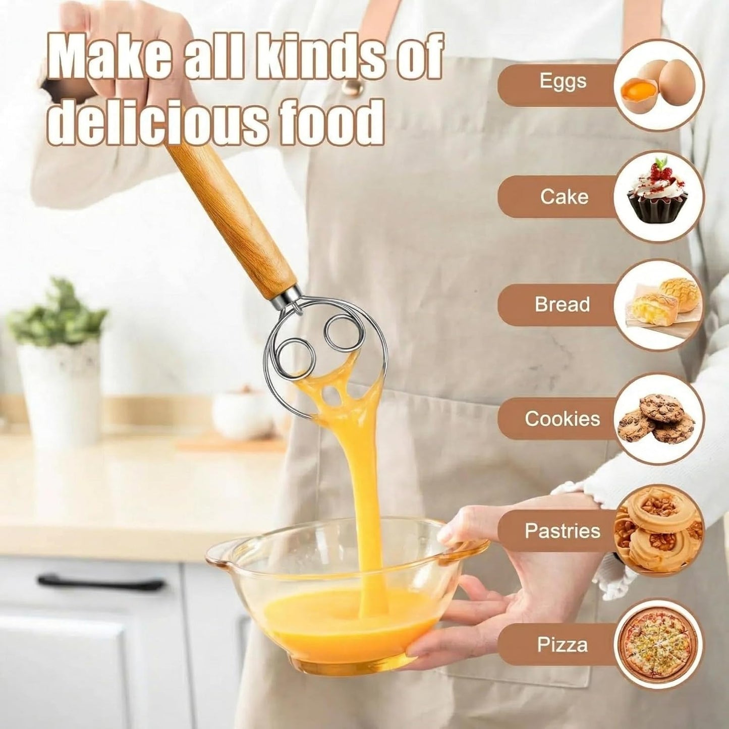 Danish Dough Whisk, 13-inch wood handle Stainless Steel Dough Hook Dutch Whisk for Bread Sourdough Mixer Hand Wooden Handle Kitchen Whisking Mixing Tool