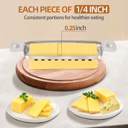 Butter Slicer with 18-Wire Cutter for Uniform Slices | Stainless steel construction cuts butter and block cheese into 1/4 inch slices. Ergonomic handle. Dishwasher safe.