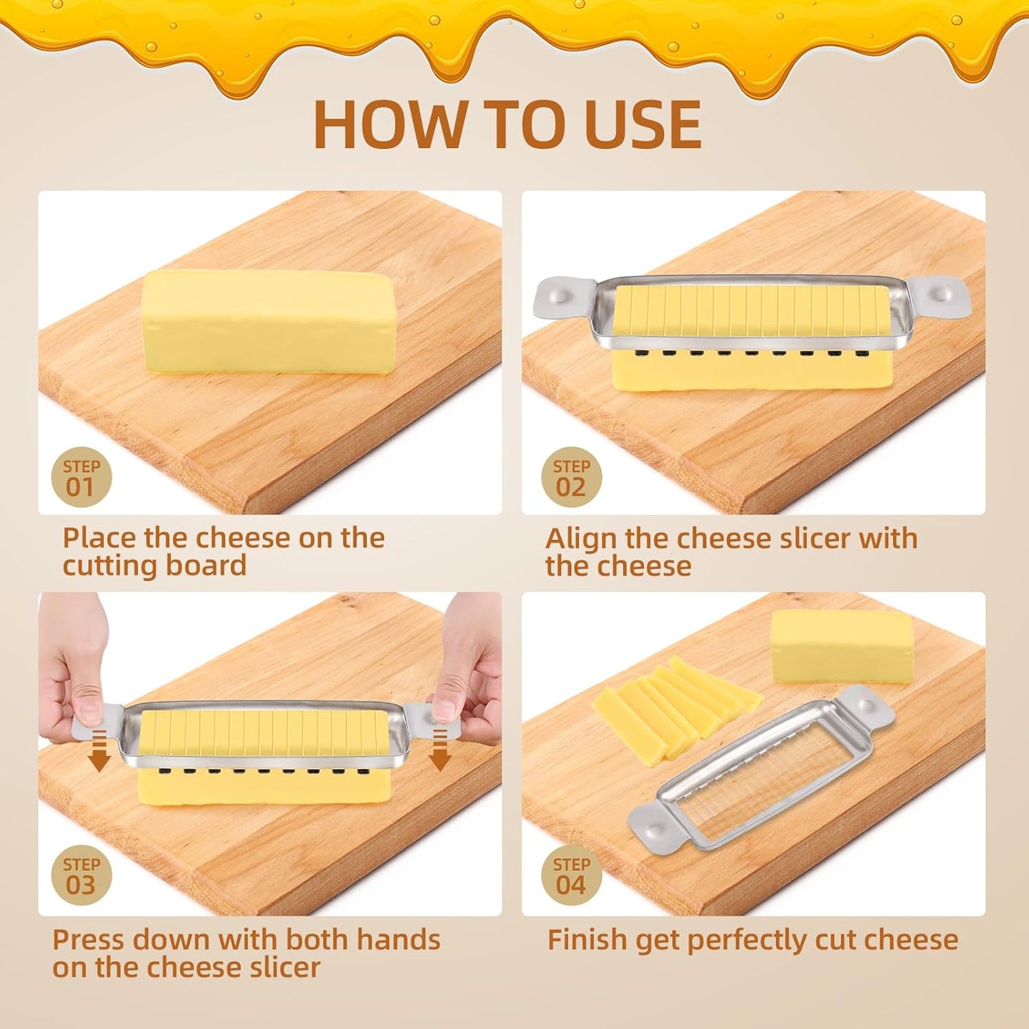 Butter Slicer with 18-Wire Cutter for Uniform Slices | Stainless steel construction cuts butter and block cheese into 1/4 inch slices. Ergonomic handle. Dishwasher safe.