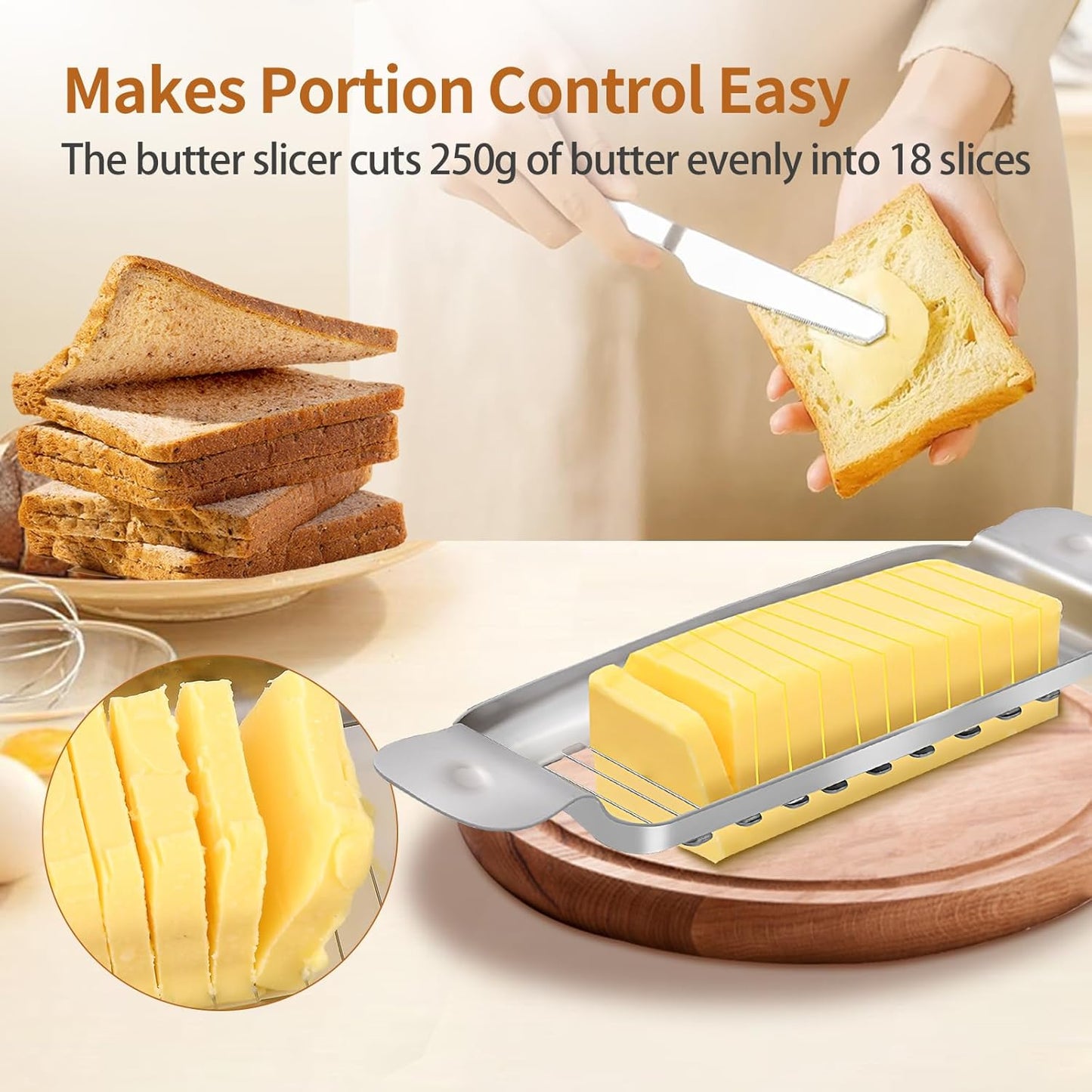 Butter Slicer with 18-Wire Cutter for Uniform Slices | Stainless steel construction cuts butter and block cheese into 1/4 inch slices. Ergonomic handle. Dishwasher safe.