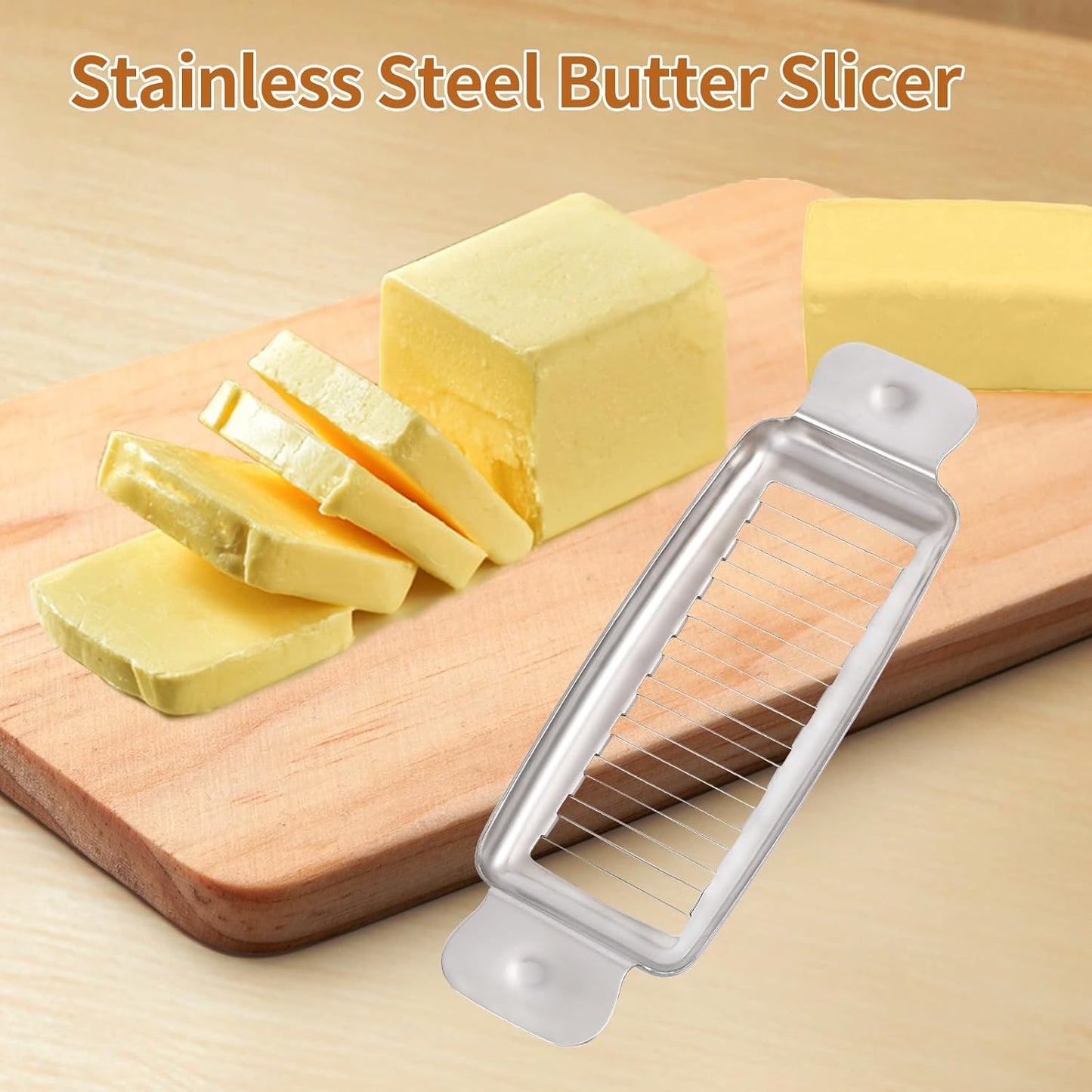 Butter Slicer with 18-Wire Cutter for Uniform Slices | Stainless steel construction cuts butter and block cheese into 1/4 inch slices. Ergonomic handle. Dishwasher safe.