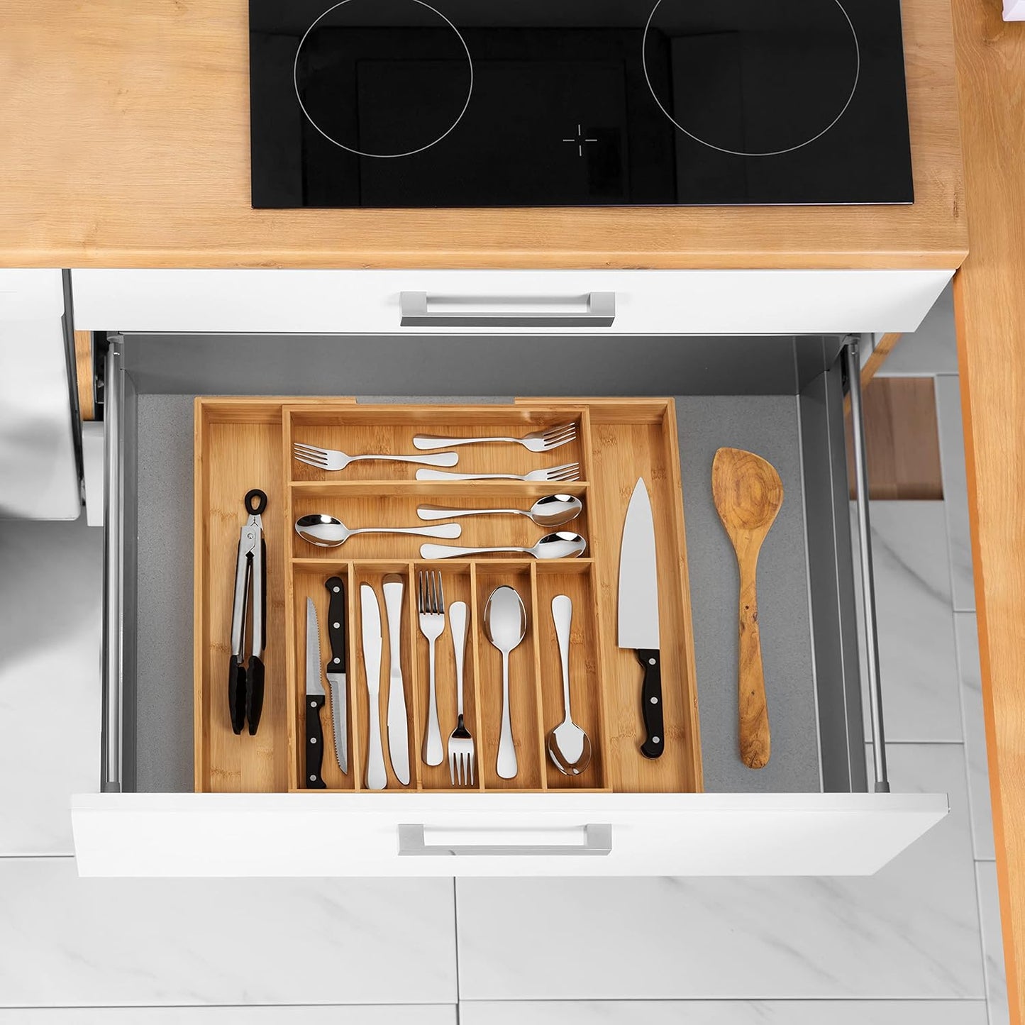 Bamboo Drawer Organizer - Expandable Silverware Organizer & Utensil Drawer Organizer, Cutlery Tray with Dividers, 7-9 Slots- Kitchen Organizer for Utensils & Flatware (Natural)