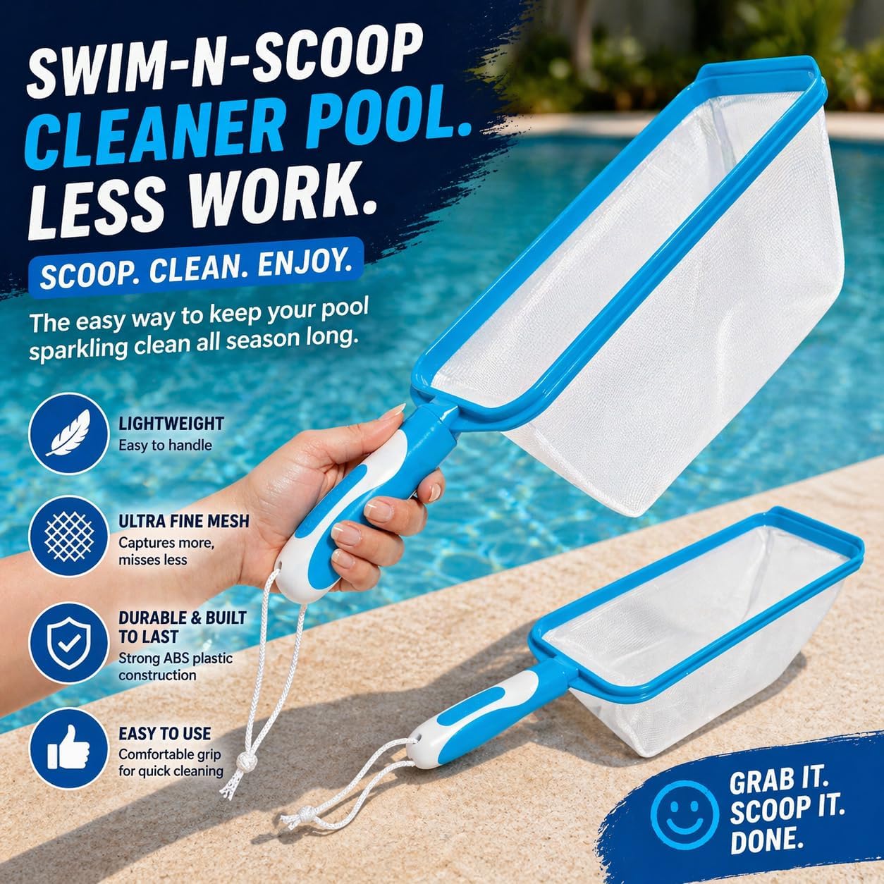 The Skimmie Swim-N-Scoop in-Pool Handheld Skimmer Net for Scooping Debris, Leaves, and Bugs While Swimming