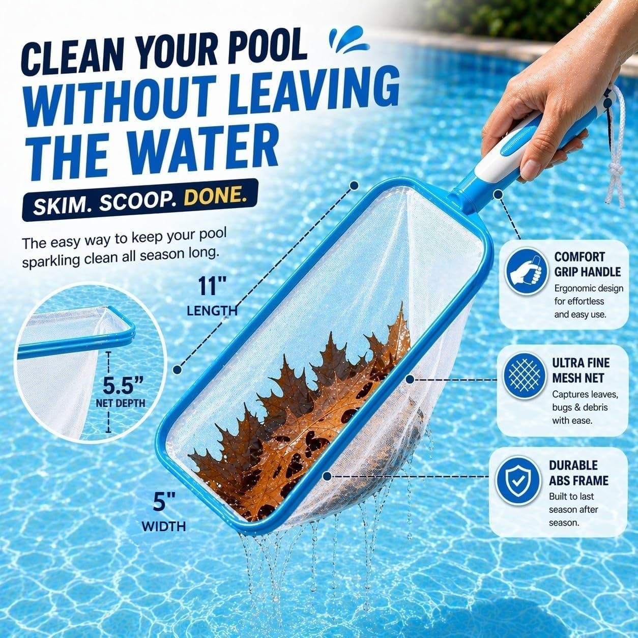 The Skimmie Swim-N-Scoop in-Pool Handheld Skimmer Net for Scooping Debris, Leaves, and Bugs While Swimming