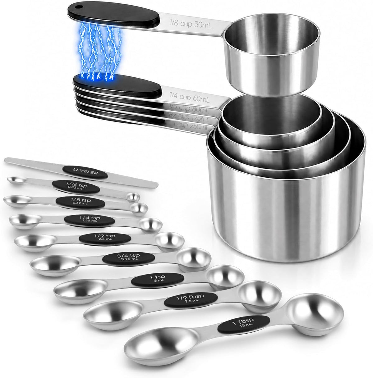Magnetic Measuring Cups and Spoons Set, Stainless Steel, 14 Pcs