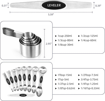 Magnetic Measuring Cups and Spoons Set, Stainless Steel, 14 Pcs