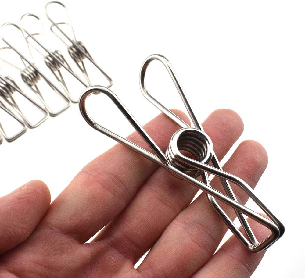 Clothespins Chip Clips All Metal Stainless Steel No Rust Stains Strong Grip in Heavy Wind 3.4 Inches 14 Pack Extra Large Do Not Fall Apart Open Wide for Holding Clothes Snack Bag Clamps