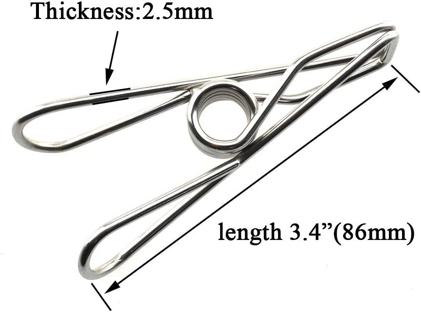 Clothespins Chip Clips All Metal Stainless Steel No Rust Stains Strong Grip in Heavy Wind 3.4 Inches 14 Pack Extra Large Do Not Fall Apart Open Wide for Holding Clothes Snack Bag Clamps