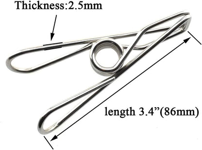 Clothespins Chip Clips All Metal Stainless Steel No Rust Stains Strong Grip in Heavy Wind 3.4 Inches 14 Pack Extra Large Do Not Fall Apart Open Wide for Holding Clothes Snack Bag Clamps