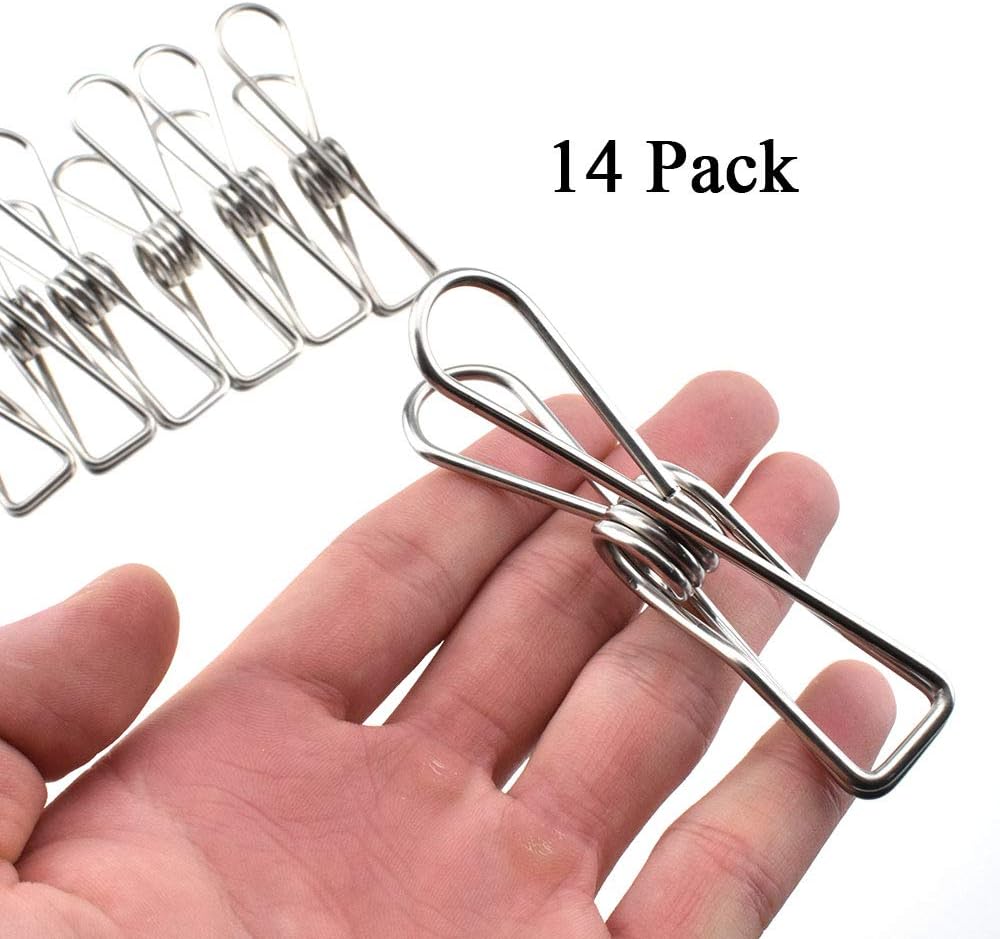 Clothespins Chip Clips All Metal Stainless Steel No Rust Stains Strong Grip in Heavy Wind 3.4 Inches 14 Pack Extra Large Do Not Fall Apart Open Wide for Holding Clothes Snack Bag Clamps