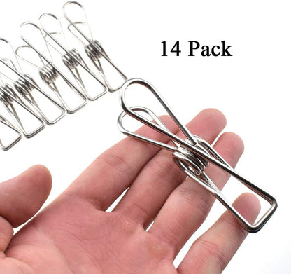 Clothespins Chip Clips All Metal Stainless Steel No Rust Stains Strong Grip in Heavy Wind 3.4 Inches 14 Pack Extra Large Do Not Fall Apart Open Wide for Holding Clothes Snack Bag Clamps