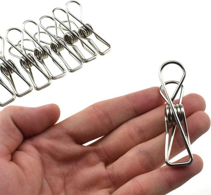 Clothespins Chip Clips All Metal Stainless Steel No Rust Stains Strong Grip in Heavy Wind 3.4 Inches 14 Pack Extra Large Do Not Fall Apart Open Wide for Holding Clothes Snack Bag Clamps