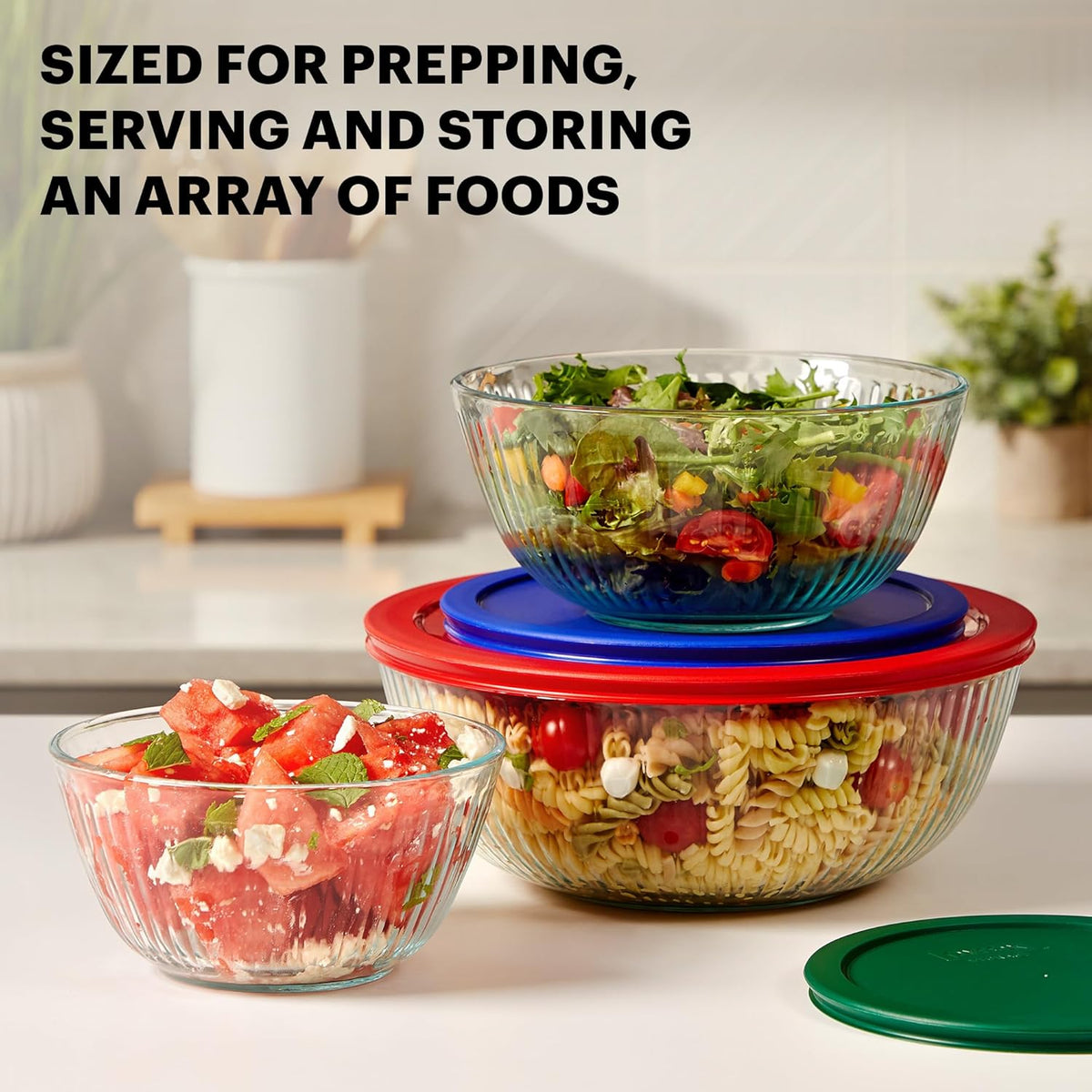 Sculpted (3-Pack) Glass Mixing Bowls Set With Plastic Lids