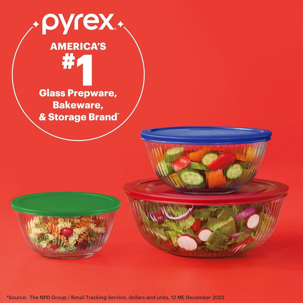 Sculpted (3-Pack) Glass Mixing Bowls Set With Plastic Lids
