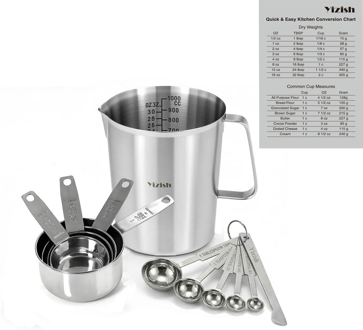 12-Piece Measuring Cups and Spoons Set with 1L (32oz) 304 Stainless Steel Measuring Pitcher, Heavy Duty Baking Tools for Liquid & Dry Ingredients, Kitchen Cooking & Baking