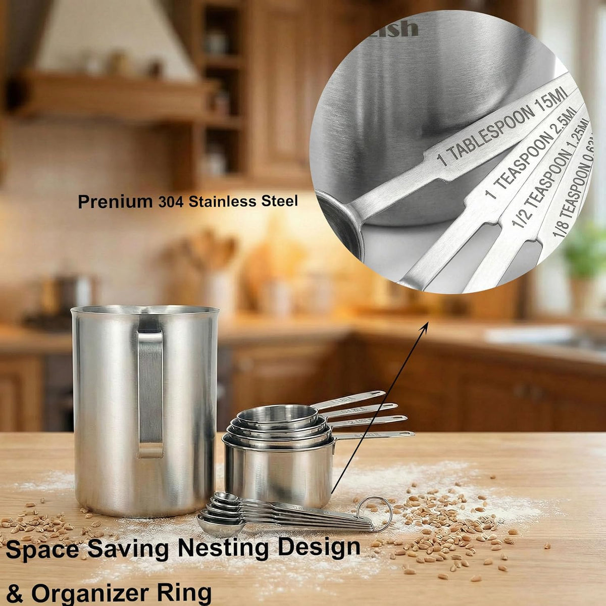 12-Piece Measuring Cups and Spoons Set with 1L (32oz) 304 Stainless Steel Measuring Pitcher, Heavy Duty Baking Tools for Liquid & Dry Ingredients, Kitchen Cooking & Baking