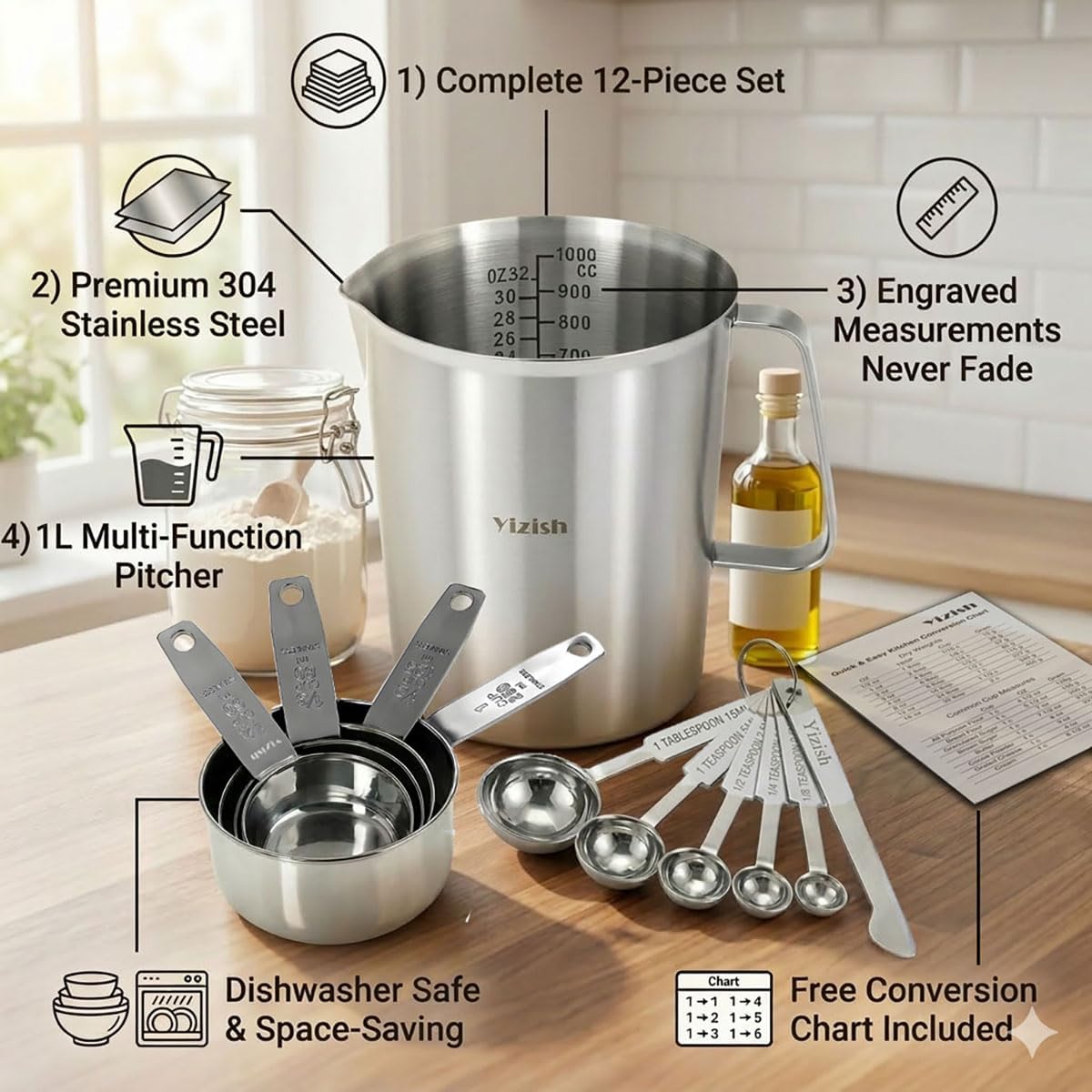 12-Piece Measuring Cups and Spoons Set with 1L (32oz) 304 Stainless Steel Measuring Pitcher, Heavy Duty Baking Tools for Liquid & Dry Ingredients, Kitchen Cooking & Baking