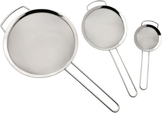 Fox Run Fine Mesh Strainer Set, Set of 3 Stainless Steel Kitchen Strainers with Handles