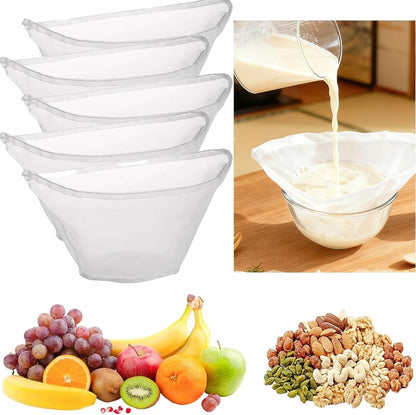5PCS Cheese Cloth Bags for Straining, Bowl-shaped reusable nylon cheese cloth filter bag, fine mesh multi-purpose food filter bag, suitable for nut milk, juice, soy milk, dumpling fillings. (Medium)
