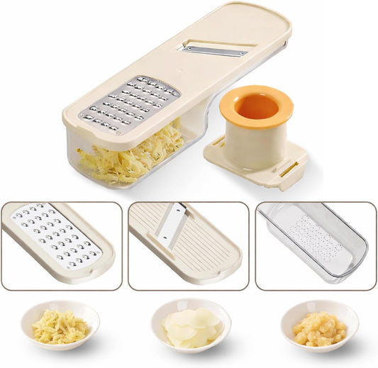 3 in 1 mini Ginger Garlic Grinder Super Thin, Multifunctional Mandoline slicer Grater with Hand Guard, Easy Grip Handheld Kitchen Tool, for Camping Cooking and Picnic (White)