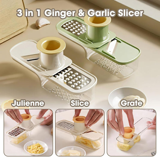 3 in 1 mini Ginger Garlic Grinder Super Thin, Multifunctional Mandoline slicer Grater with Hand Guard, Easy Grip Handheld Kitchen Tool, for Camping Cooking and Picnic (White)