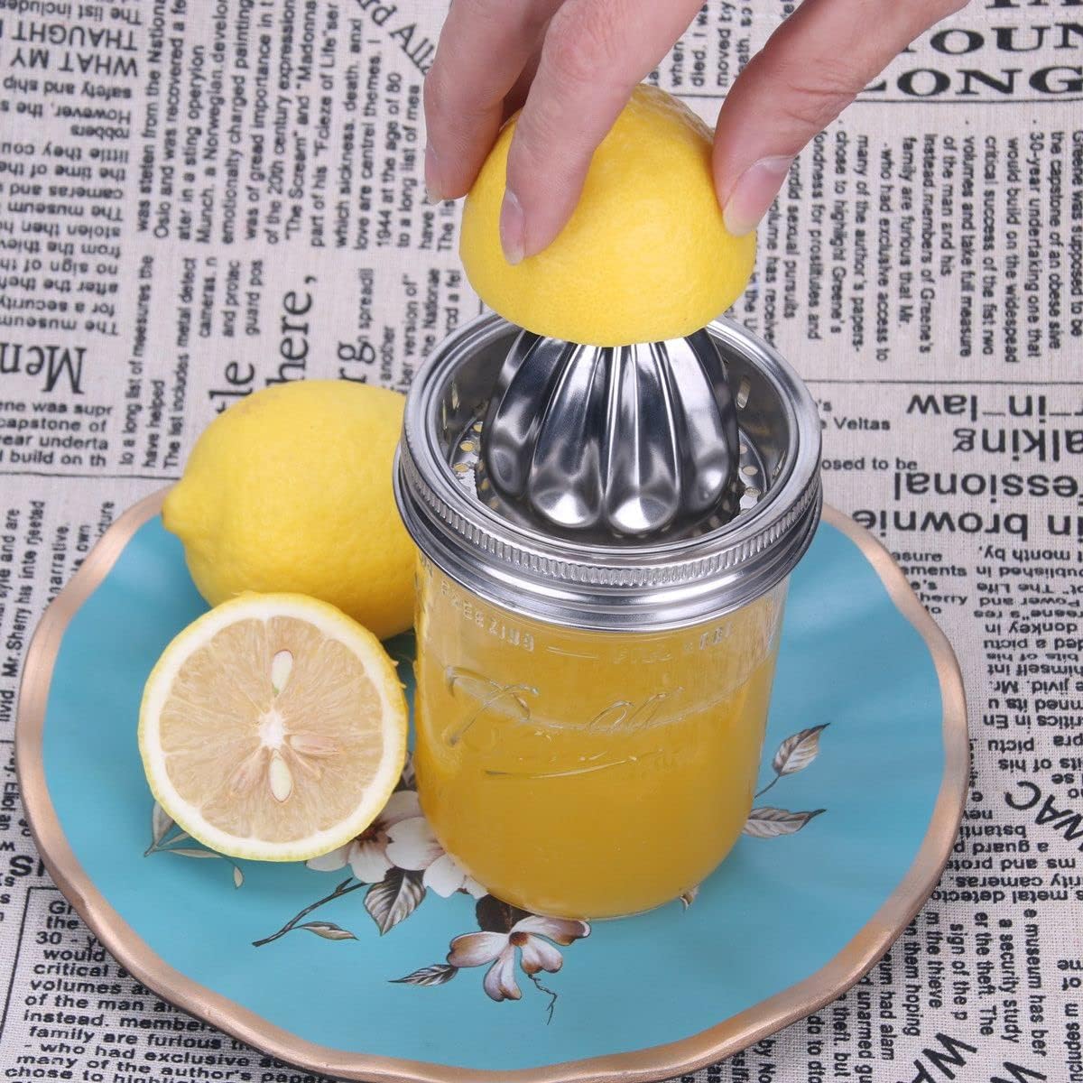 Mason Jar Stainless Steel Juicer Lid (2 Pieces), Citrus Reamer for Wide Mouth Mason Jar Lemon Juicer Manual Citrus Juicer.
