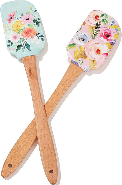2PCS Floral Silicone Spatula Set,Food Grade Non Stick Baking Spatulas | Heat Resistant Flexible Rubber Scraper for Mixing,Professional Kitchen Utensils for Baking,Cooking & Sauteing-Flower Pattern