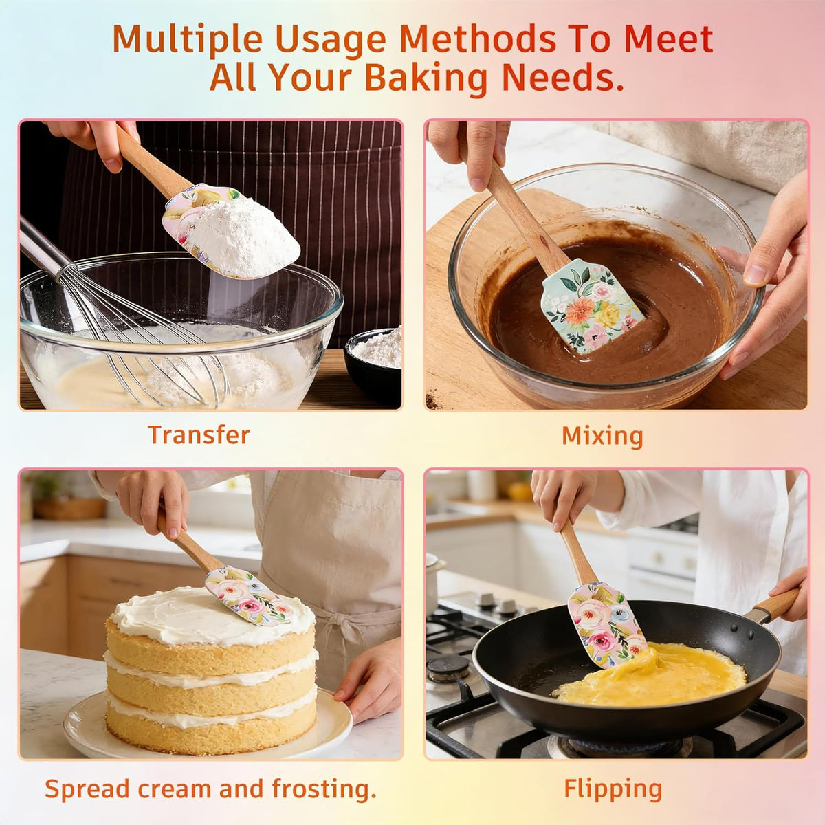 2PCS Floral Silicone Spatula Set,Food Grade Non Stick Baking Spatulas | Heat Resistant Flexible Rubber Scraper for Mixing,Professional Kitchen Utensils for Baking,Cooking & Sauteing-Flower Pattern