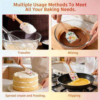 2PCS Floral Silicone Spatula Set,Food Grade Non Stick Baking Spatulas | Heat Resistant Flexible Rubber Scraper for Mixing,Professional Kitchen Utensils for Baking,Cooking & Sauteing-Flower Pattern