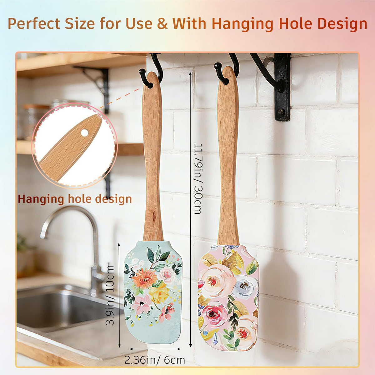 2PCS Floral Silicone Spatula Set,Food Grade Non Stick Baking Spatulas | Heat Resistant Flexible Rubber Scraper for Mixing,Professional Kitchen Utensils for Baking,Cooking & Sauteing-Flower Pattern