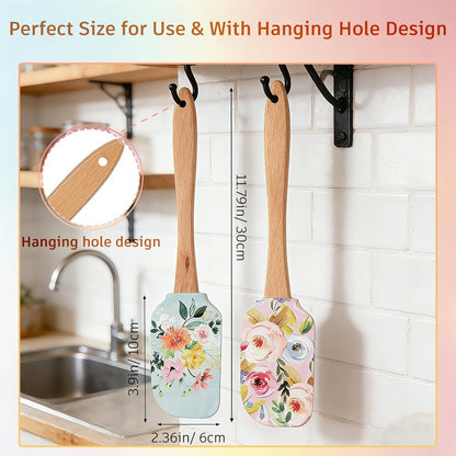 2PCS Floral Silicone Spatula Set,Food Grade Non Stick Baking Spatulas | Heat Resistant Flexible Rubber Scraper for Mixing,Professional Kitchen Utensils for Baking,Cooking & Sauteing-Flower Pattern