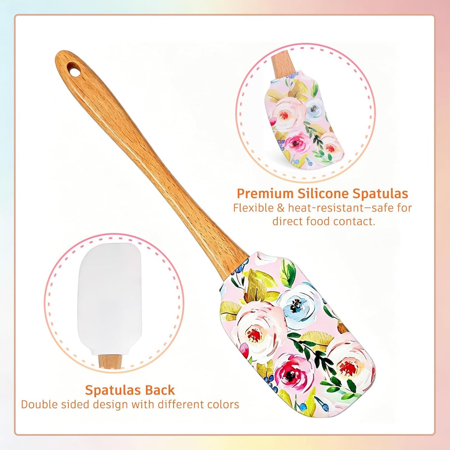 2PCS Floral Silicone Spatula Set,Food Grade Non Stick Baking Spatulas | Heat Resistant Flexible Rubber Scraper for Mixing,Professional Kitchen Utensils for Baking,Cooking & Sauteing-Flower Pattern