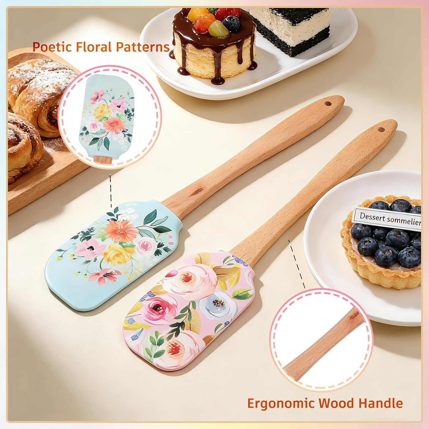 2PCS Floral Silicone Spatula Set,Food Grade Non Stick Baking Spatulas | Heat Resistant Flexible Rubber Scraper for Mixing,Professional Kitchen Utensils for Baking,Cooking & Sauteing-Flower Pattern