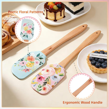 2PCS Floral Silicone Spatula Set,Food Grade Non Stick Baking Spatulas | Heat Resistant Flexible Rubber Scraper for Mixing,Professional Kitchen Utensils for Baking,Cooking & Sauteing-Flower Pattern