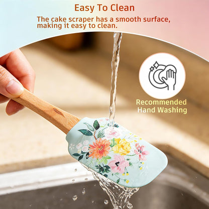 2PCS Floral Silicone Spatula Set,Food Grade Non Stick Baking Spatulas | Heat Resistant Flexible Rubber Scraper for Mixing,Professional Kitchen Utensils for Baking,Cooking & Sauteing-Flower Pattern