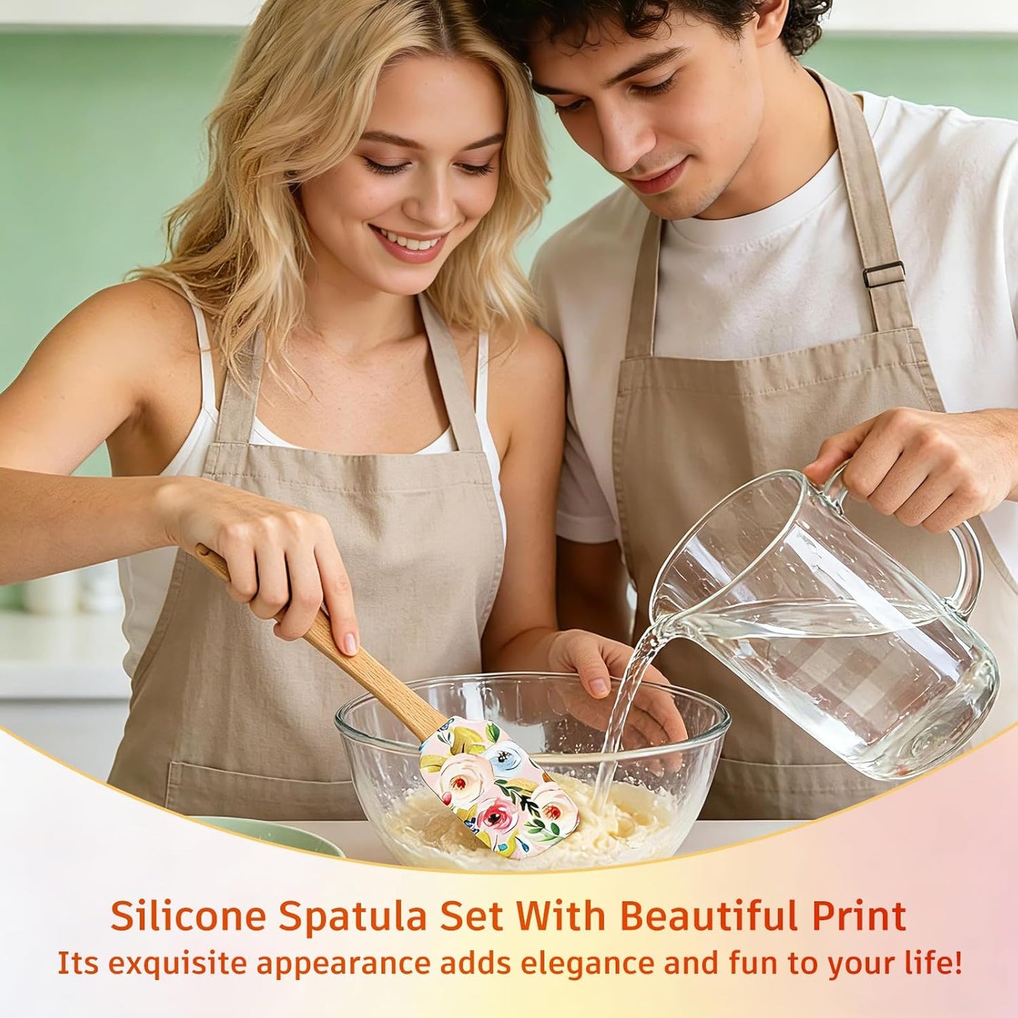 2PCS Floral Silicone Spatula Set,Food Grade Non Stick Baking Spatulas | Heat Resistant Flexible Rubber Scraper for Mixing,Professional Kitchen Utensils for Baking,Cooking & Sauteing-Flower Pattern