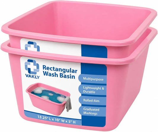 Plastic Wash Basin, 7 Qt, Rectangular, Graduated, 2 Pack | Hospital bedside soaking tub, Portable washbasin, Washing & cleaning, Foot bath, Face cleansing, Dish washing, Laundry